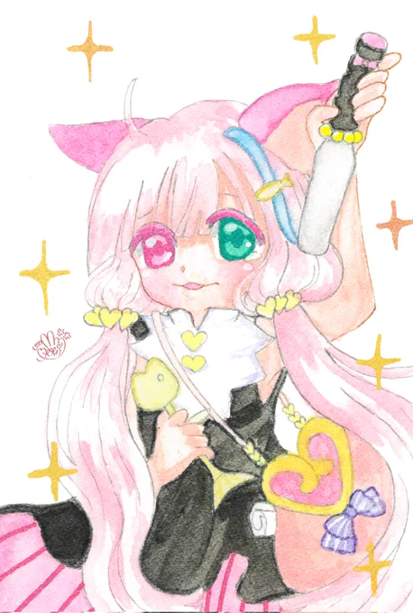 「ピピットもペルおねぇちゃ…と一緒に桃恋の為に戦うです…!」(おねぇちゃに借りた…このタガネ重いですぅ…)※始めたばかりのアナログ透明水彩で描きましたルイさん(@ RuYI_k)さんのピピットちゃんお借りしました#透明水彩 #アナログイラスト#虹色バトル企画 FA 