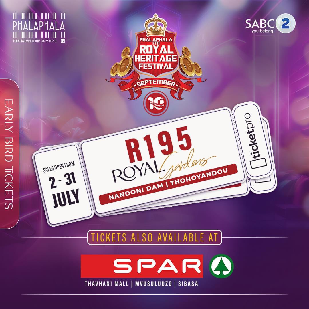 RoyalHFestival's tweet photo. Have you bought your EARLY BIRD tickets yet? Muļakhulu uya fhinduwa 🦅 

Head to the nearest SPAR, Ticketpro, BP, Sasol, or Engen garage NOW to get your early bird ticket for ONLY R195❗️

#AhunaUsala 📣 https://t.co/74RILv0nwU