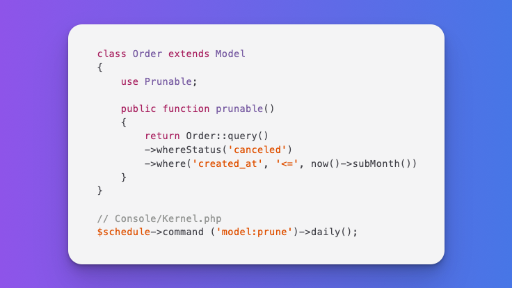laravelbackpack's tweet photo. #Laravel Tip

If you want to automatically delete old entries, you can use the Prunable Trait. No need to write custom commands: https://t.co/vG9Phnz2dI