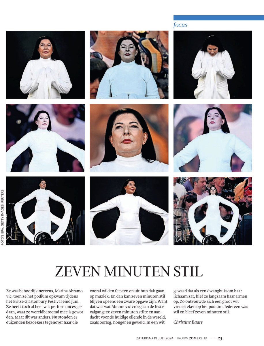 Kunstenaar Marina Abramovic op <a href="/glastonbury/">Glastonbury Festival</a>: 
7 minuten stilte &amp; aandacht in een wereld van lawaai &amp; ellende.
☮️