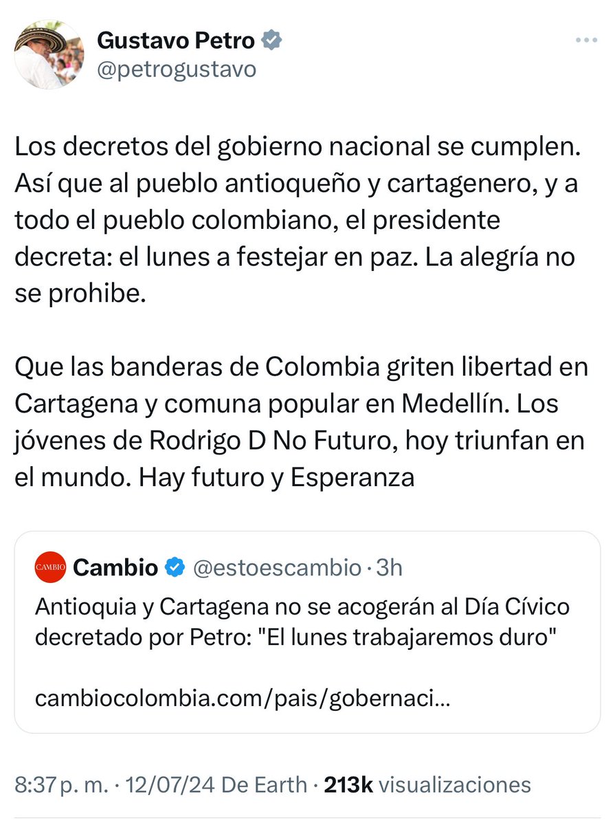 RafaNietoLoaiza's tweet photo. Antioquia, Cartagena y Medellín, se apartaron del lunes sin trabajar que propone Petro. Este, molesto, alega que sus decretos "se cumplen". Dicen que no leyó su decreto, donde se "exhorta" a acoger la propuesta.

Yo creo que Petro, ignorante, no sabe lo que significa exhortar https://t.co/yMg9nirdEH