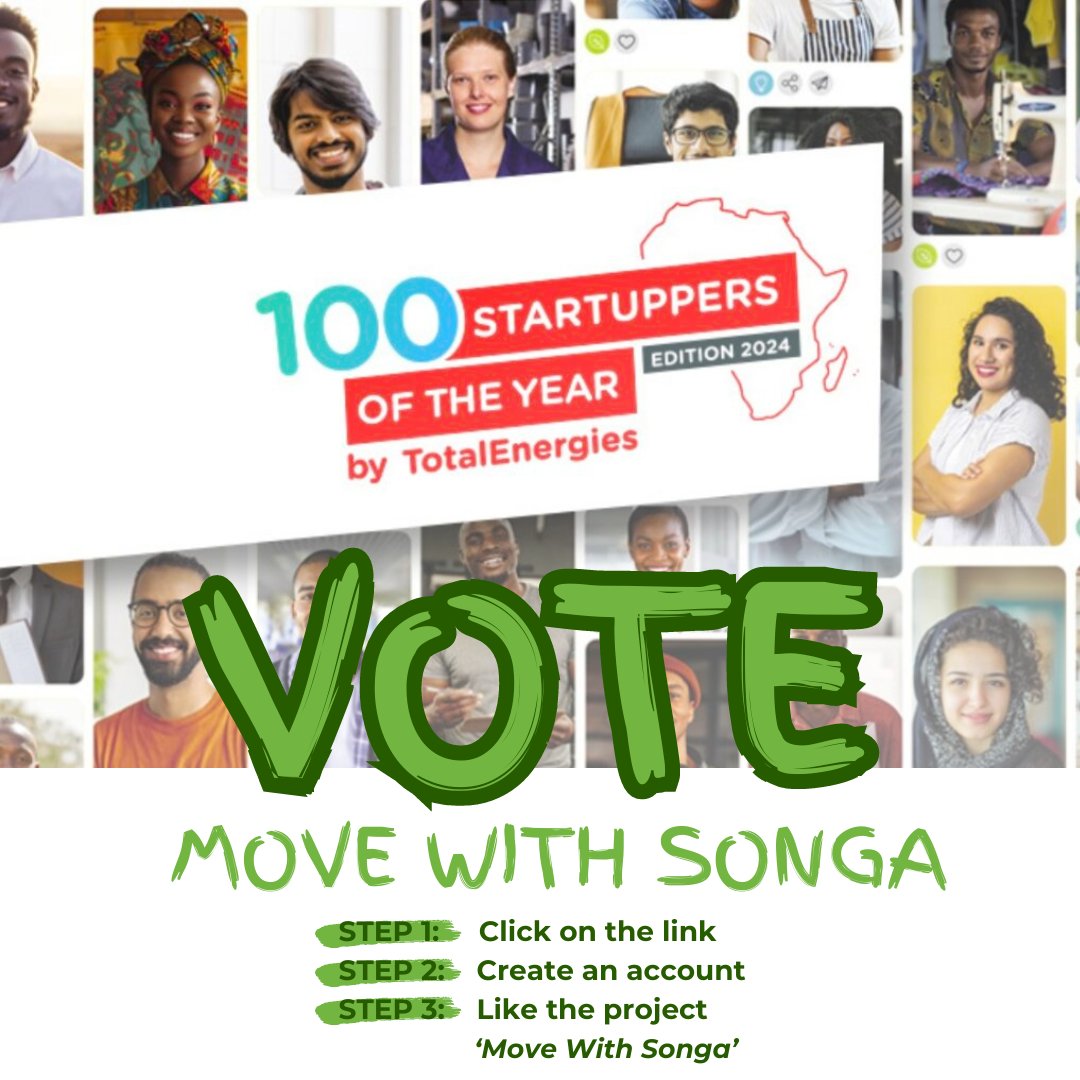 movewithsonga's tweet photo. We've been selected for TotalEnergies' Startupper of the year!🥳

In order to proceed, we need to gather votes.

The steps for voting for the project include:
1. Click on the link
2. Create an account 
3. Like the project (Move With Songa)

https://t.co/ttQ2Hp4dqW https://t.co/XsEvUWkqk4