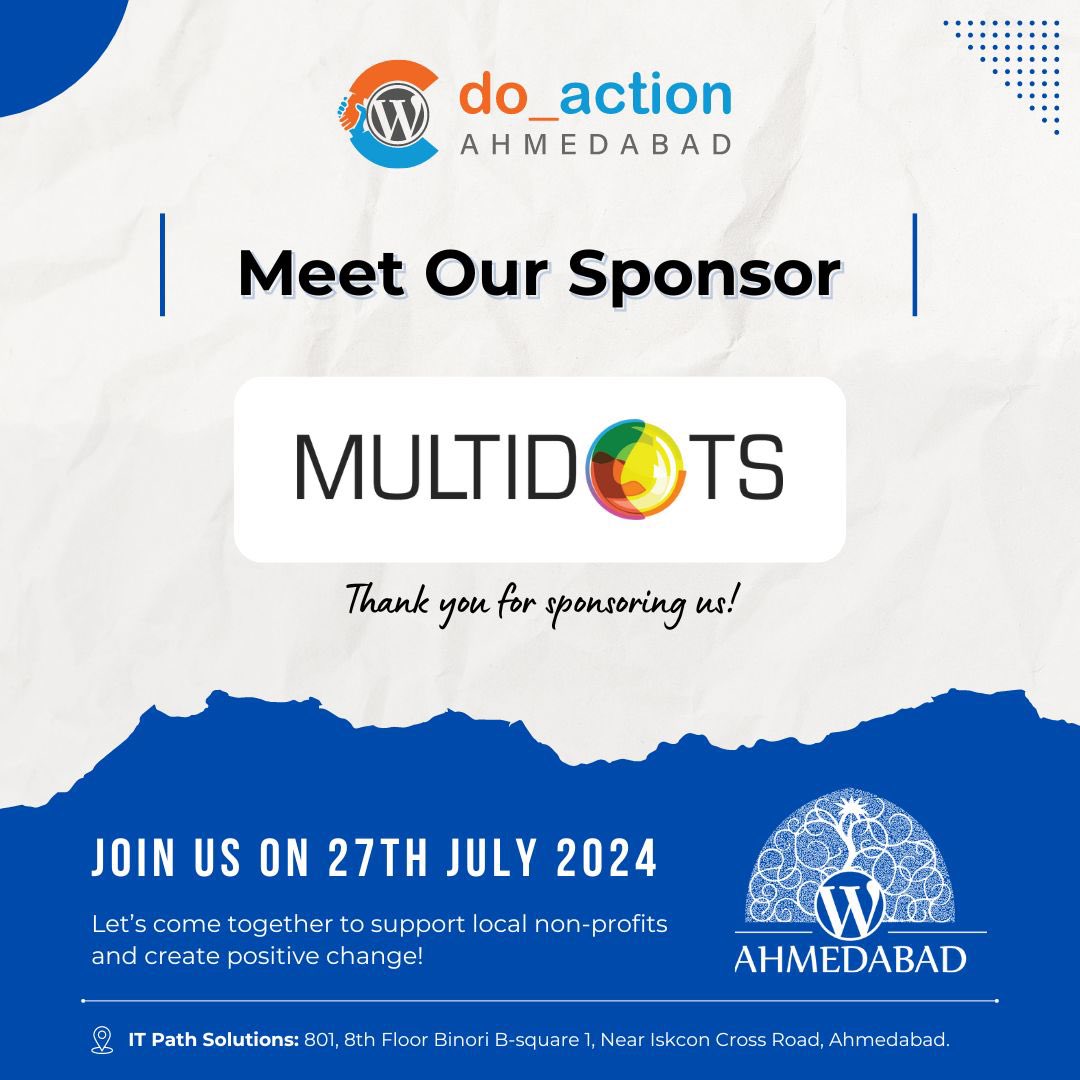 WCAhmedabad's tweet photo. ๐ We're thrilled to have Multidots as a sponsor for do_action Ahmedabad 2024! ๐ Thank you for empowering our community.
๐https://t.co/I8mdte1BtA
#DoAction #WordPress #WPAhmedabad #Multidots #WCAhmedabad #Sponsor #Charity https://t.co/udcdfmknAT