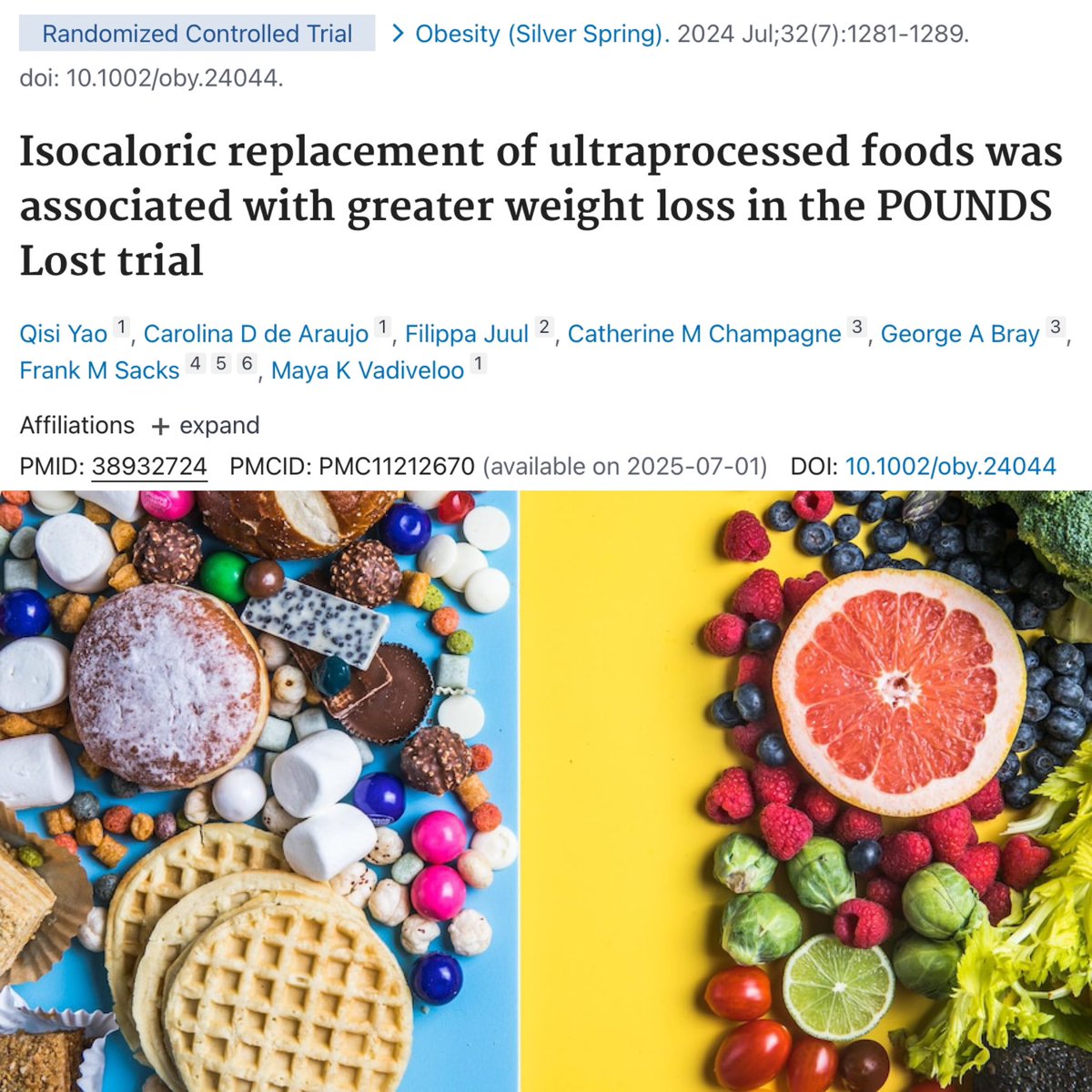 tecoughlin's tweet photo. 𝗥𝗲𝗽𝗹𝗮𝗰𝗶𝗻𝗴 𝘂𝗹𝘁𝗿𝗮𝗽𝗿𝗼𝗰𝗲𝘀𝘀𝗲𝗱 𝗳𝗼𝗼𝗱𝘀 (UPFs) with minimally processed foods (MPFs) may 𝗶𝗺𝗽𝗿𝗼𝘃𝗲 𝗯𝗼𝗱𝘆 𝗰𝗼𝗺𝗽𝗼𝘀𝗶𝘁𝗶𝗼𝗻 📉

This new study found that substituting 10% of total daily calories from UPFs with isocaloric (same calorie content) MPFs was associated with…

Improved body composition outcomes including:

Greater weight loss ✅
Lower body fat % ✅
Reduced trunk fat ✅

…at a 6-month follow-up in older (52 yrs) obese adults 🗓️

By no means a smoking gun, but valuable evidence to show the potential benefits of prioritising minimally-processed whole foods in the diet 👈