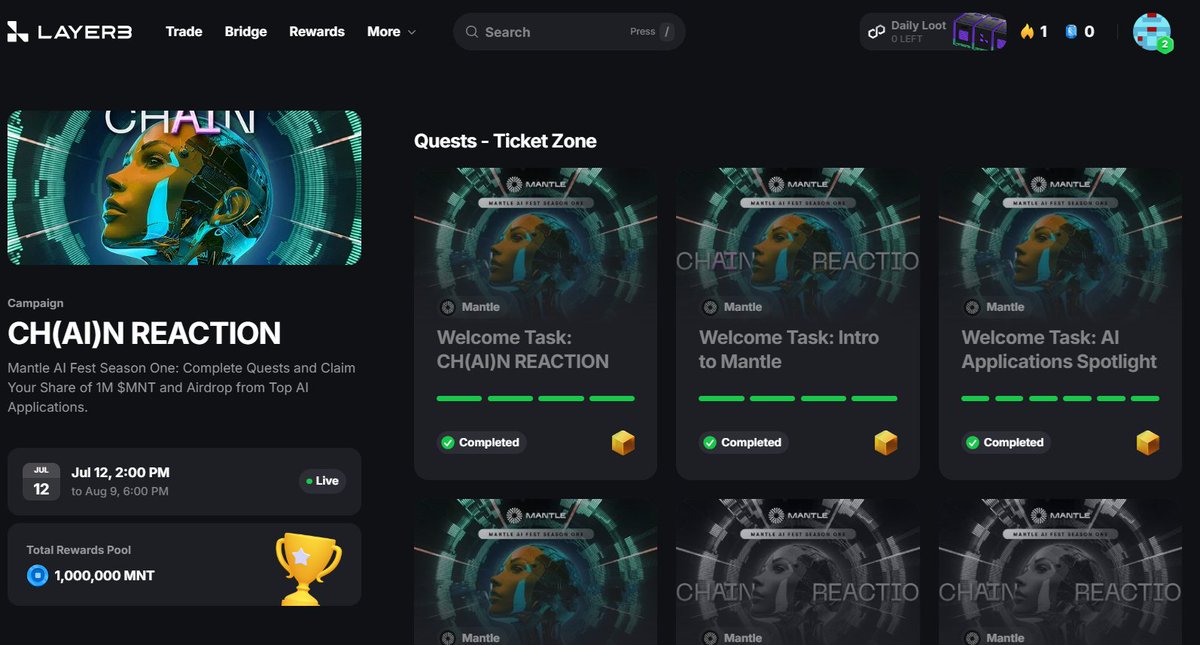 8cryptopande's tweet photo. Airdrop od @0xMantle na @layer3xyz, pula nagród 1000000MNT. Trzeba mieć na portfelu chociaż 0.5 MNT na fee, później proste misje, wystarczy przeklikać. Airdrop w formie loterii, warto dać sobie szansę :)

https://t.co/Chp00NmVDC https://t.co/O30CNiTXZU