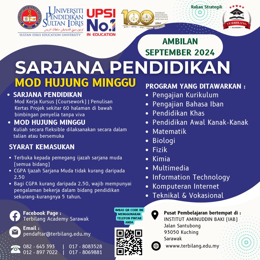 TerbilangAcdemy's tweet photo. Program Sarjana Pendidikan &amp; PhD. Universiti Pendidikan Sultan Idris kini dibuka. 
Hubungi 017-8083528 untuk maklumat lanjut.
https://t.co/W3ROf40rBz https://t.co/j5TpEJbPbw