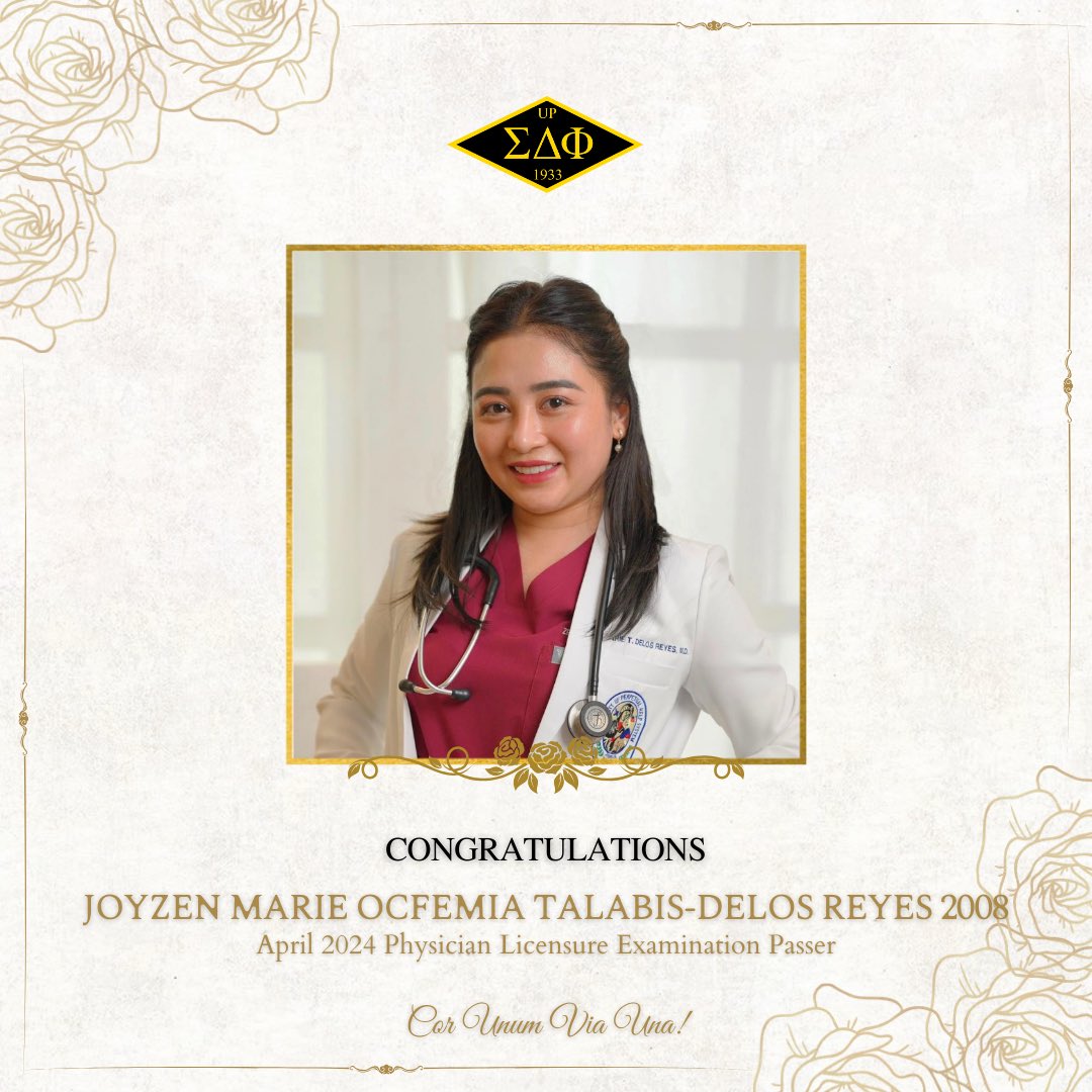 sdp_uplb's tweet photo. Sigma Delta Phi would like to proudly congratulate Joyzen Marie Ocfemia Talabis-Delos Reyes 2008 for passing the Physician Licensure Examination! https://t.co/ru0DjPa5Dp