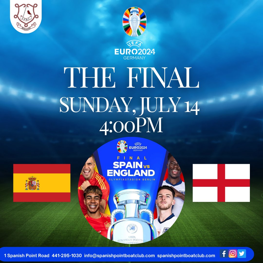 SPBCbda's tweet image. The #EURO2024    Final is here! 

Join us at the #SPBC to experience what will be a thrilling match-up between #Spain 🇪🇸 and #England 🏴󠁧󠁢󠁥󠁮󠁧󠁿 
All the action kicks off at 4:00PM (AST) Sunday. See you there! 

Members &amp;amp; their guests only
#UEFA  #SPNENG #SPBC #Itsbetterattheboatclub