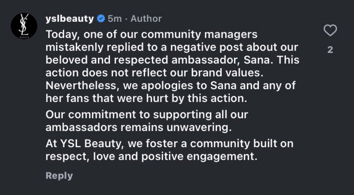 tzujuliee's tweet photo. YSL has posted an apology about their unprofessionalism and disrespectful. We hope that this will be the last because SANA don’t deserve a treatment like that.  WE STILL NEED SOMEONE TO BE ACCOUNTABLE FOR THIS! https://t.co/ZHLsFA8MyW