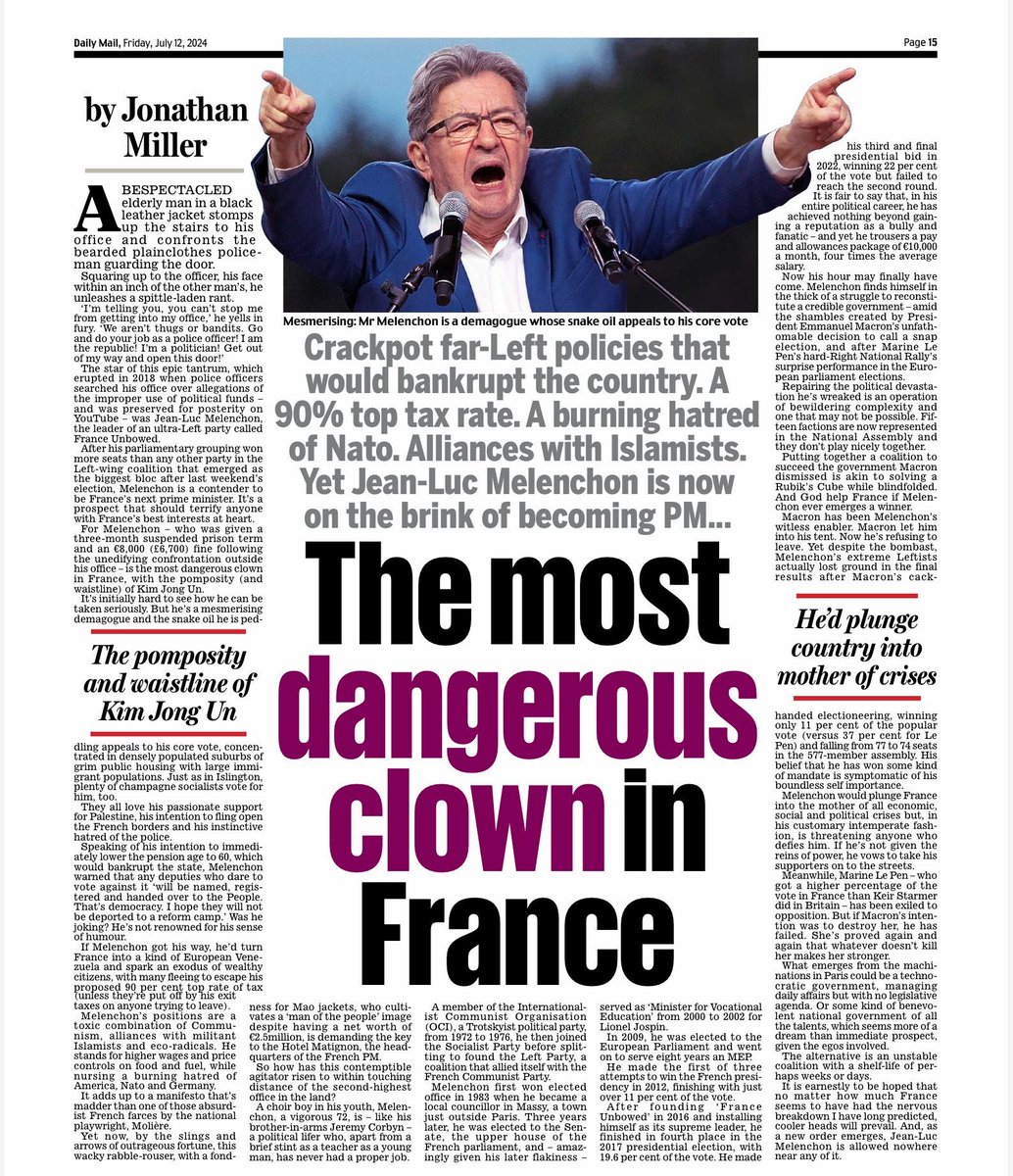 🔴ALERTE INFO 

Mélenchon est désigné comme le clown le plus dangereux en France par le daily mail.

On ne va pas leur donner tort.