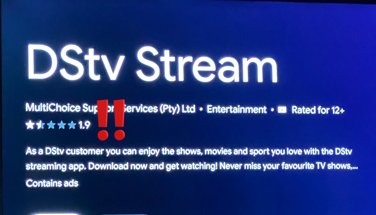 Varvara13's tweet photo. There’s a reason people are jumping ship from @DStv: not only are they holding the country hostage when it comes to watching national teams play, but their streaming app is THE WORST. It freezes & has to be re-installed every single day. That 1.9 rating is too high! #DSTVFail https://t.co/cVojZy6HuU