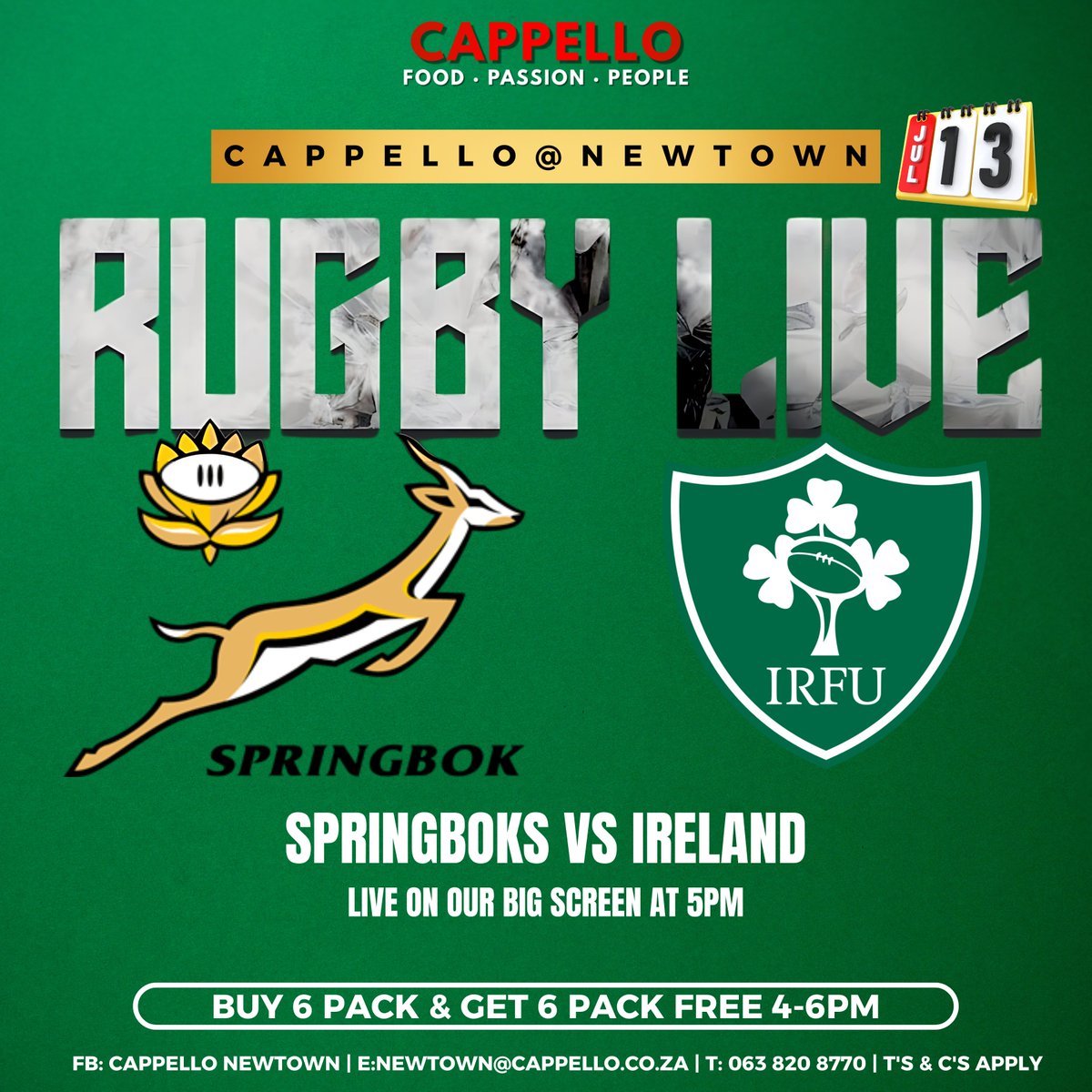 Cappnewtown's tweet photo. Catch Springboks VS Ireland live on our big screen at 5PM🏉
Happy hours till 6PM🥂
#SpringBoksVsIreland #Rugby
#EleganceSaturdays #Unwind
#Gourmetdishes #Drinks #Fun
#Hangouts #Dates #Friends
#FoodPassionPeople https://t.co/5bBqFSGExK