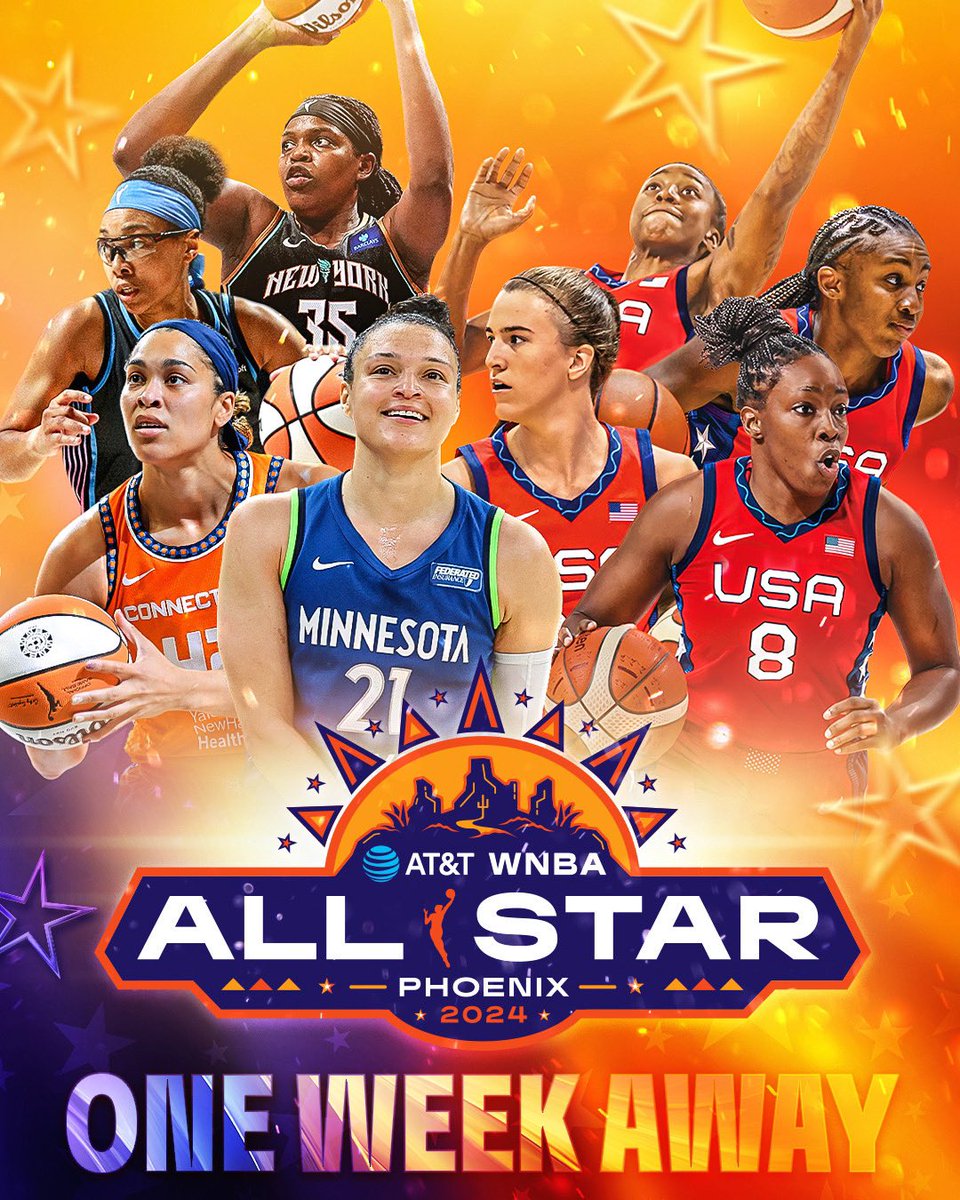 WNBA's tweet photo. 🌟 ONE WEEK AWAY 🌟

Next Saturday, the WNBA All-Stars will take on the USA Women’s National Team at the 2024 @ATT #WNBAAllStar Game on July 20th in Phoenix, AZ

Tune-in July 20 at 8:30pm/ET on ABC! https://t.co/K8l2kHNpf1