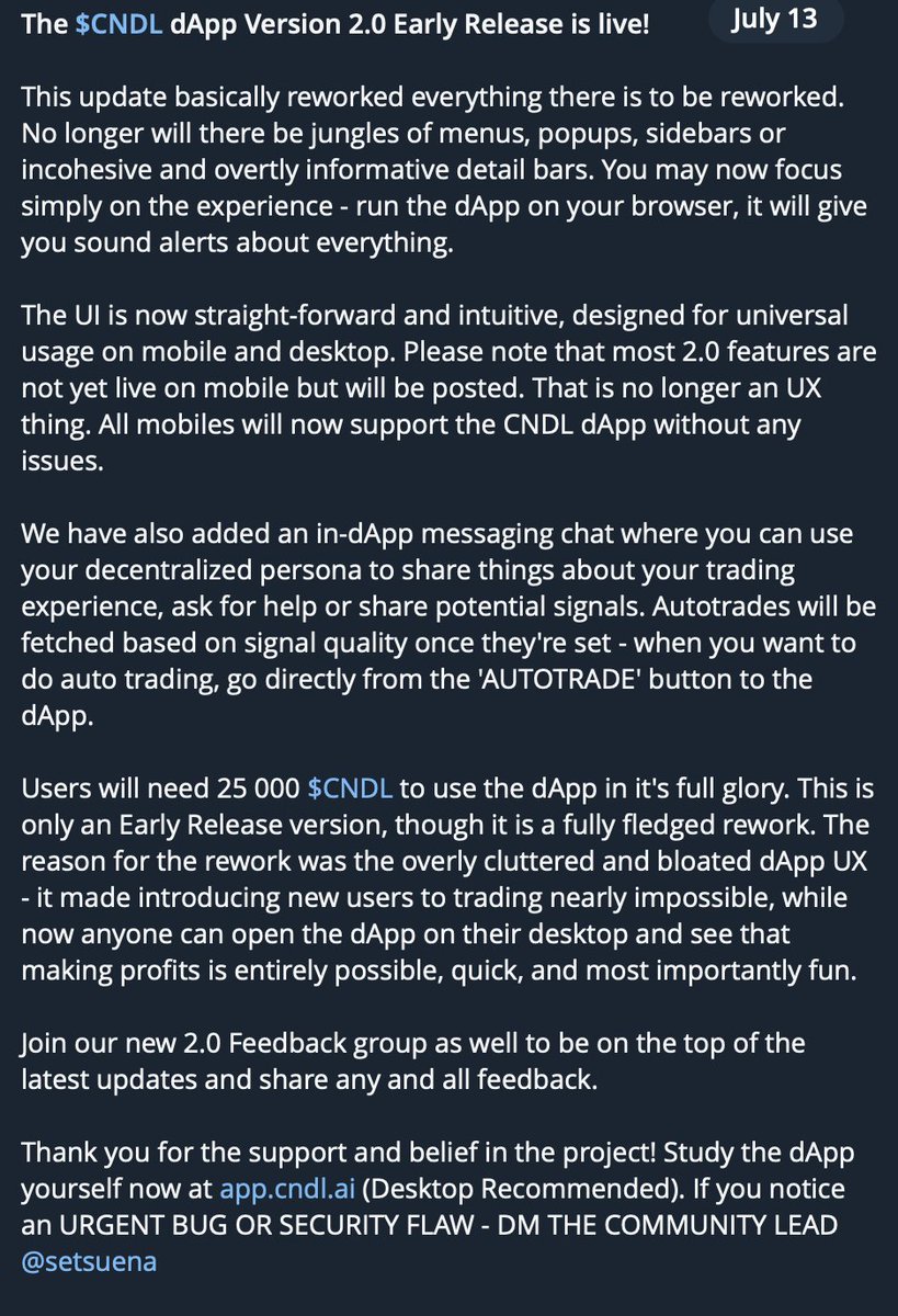 OzenInvests's tweet photo. So $CNDL is a project me and other KOLs have been vouching for over the past few months expressing how good of a project this is and its utility benefits into the space

$CNDL is at a all time low at the moment but I do think its all about too change and this buying opportunity won't come again

Aside from the chart they just released their dApp version 2.0 which is live and the entire browser has been reworked to not be a jungle but systematic making everything easier

Picture below shows all the new functions and how 2.0 is a game changer

*secret thread coming for $CNDL soon too if we can hit 100 likes*