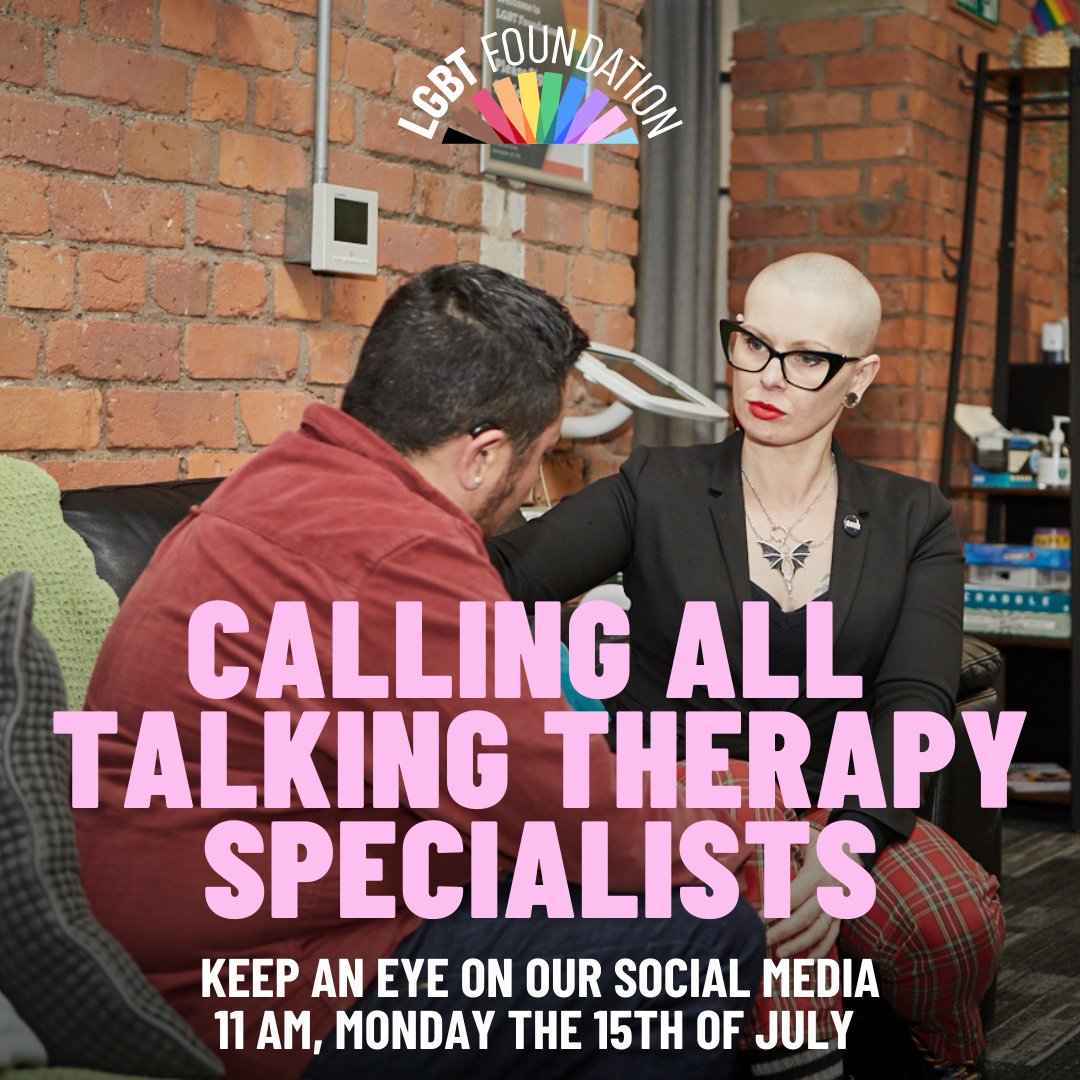 Are you a talking therapy specialist? Do you work with LGBTQ+ clients? Don't miss our special announcement at 11 am on Monday, 15th July that will benefit you and your clients!

Know someone who works in talking therapies? Share this post with them so they don't miss out.