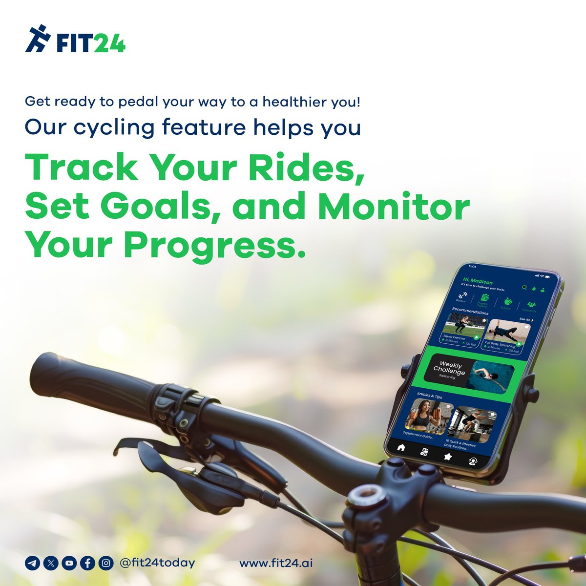 Fit24today's tweet photo. Gear up for a fit and fabulous ride! Take your
cycling to the next level with our tracking feature!

#CyclingLife #FitnessMotivation #HealthAndWellness
#CyclingApp #TrackYourRide #SetGoals
#MonitorProgress #FitnessJourney #WellnessJourney
#CyclingCommunity #GetFit #FitLife https://t.co/pHUPjVstHS