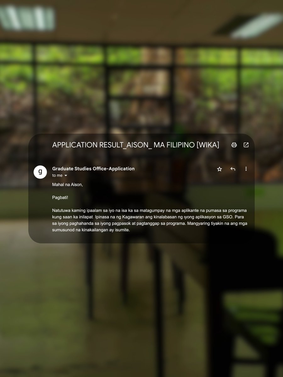 KasamaNiyo's tweet image. "SLMT sa [lahat ng naniwala't] naging kasmala ako para maigpawan ang Karera.”

💯 Naibsan ang gabundok na INC at DRP
📚 Nairaos ang Lingg 199 at Fil 199 nang sabay
🎓 Natanggap sa MA Filipino (Wika)

Ganito pala kapag #gradwaiting na—or better yet, gradweyyyting 🤙

#Sablay2024