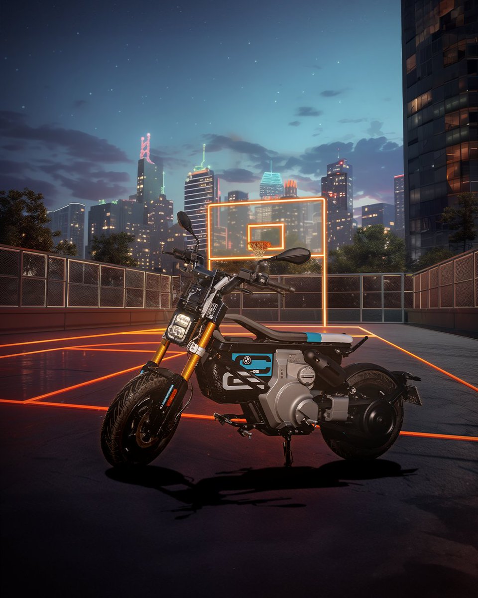 BMWMotorrad's tweet image. "Hey AI, I want to see the #BMWCE02 on an outdoor basketball court with LED lines on the floor." — This creative idea won the second round of our AI contest!

Ready to shoot some hoops? 🏀

#MakeLifeARide #PluggedToLife #BMWMotorrad
__ 
Enhanced with AI