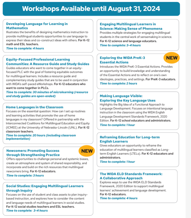 #Mass educators: Looking for summer learning related to SEI or #ESL? We're offering free, self-paced online WIDA workshops this summer: ow.ly/klW450StK8W #MaEdu #MultilingualLearners