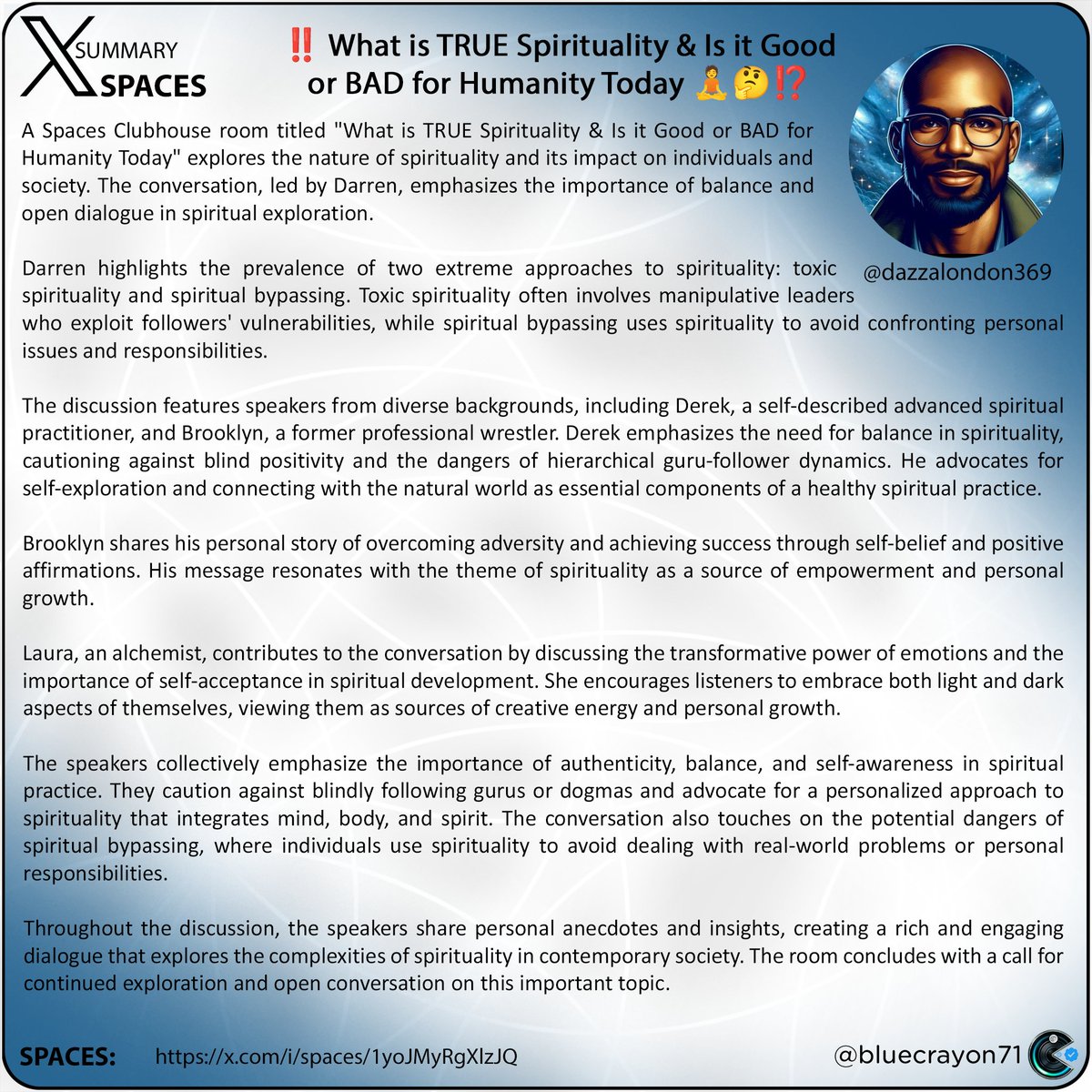 bluecrayon71's tweet image. ‼️ What is TRUE Spirituality &amp;amp; Is it Good 
or BAD for Humanity Today 🧘🤔⁉️ @authentic369

Spaces:x.com/i/spaces/1yoJM…

#spirituality #toxicspirituality #spiritualbypassing #religion #selfbelief #positivity #balance #authenticity #personalgrowth #shadowwork