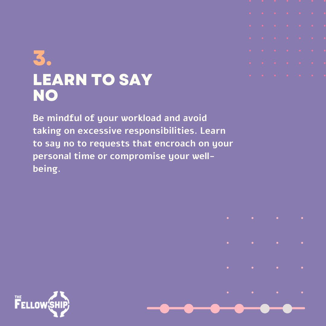 fellowshiplagos's tweet photo. Here are four ways to attain and maintain work-life balance:

1. Set clear boundaries
2. Prioritize self-care
3. Learn to say no
4. Practice time management https://t.co/ztQHK5LSsD