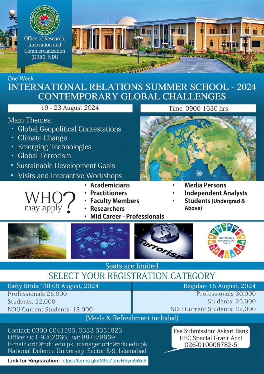 Join the International Relations Summer School 2024 at NDU! 🌍📚 Explore  global challenges like climate change, geopolitical contestations, emerging  technologies, and more. 📅 Dates: 19-23 August 2024 🔗 Register now:  https://t.co/Rk50ODpoiW, image size:848x1200