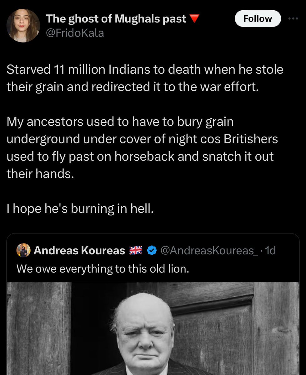 AndreasKoureas_'s tweet photo. That this asinine ahistorical character assassination on Churchill has 32k likes,

Paired with the thousands of racist, xenophobic abuse & death threats I get on a regular basis for my research on Churchill,

To me demonstrates that it really is a lost cause. 

I hope it’s a case of me being to close to the subject matter, but I don’t know anymore.

I’m going to continue to defend Churchill’s accurate legacy, based on primary source research, but it constantly feels that in this whole culture war nonsense, we’re losing. 

It’s very depressing. Now more than ever, I think it’s a lost cause. Nonetheless, I’m going to keep trying - that’s all one can do. 

As a great man once said, ‘Keep Buggering On!’