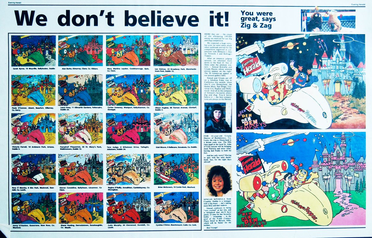DoubleZCreative's tweet image. Back in 1989 The Herald had a colouring in competition to win a trip to LA with the Dempsey’s Den crew! Lucky Sinead Kinsella and Ursula Dacres won. Where you one of the runner ups? #DempseysDen #ZigAndZag