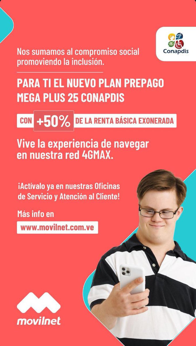 PupiDesib's tweet photo. 🎉 ¡Gran noticia!

🔹El Plan Mega Plus 25 CONAPDIS está disponible en todo el territorio nacional.

🔹Minutos ilimitados, 25 GB y 1.500 SMS para nuestros clientes certificados. 📱

#Movilnet 
#CONAPDIS
@SomosMovilnet_ https://t.co/bw5JUEeLgt