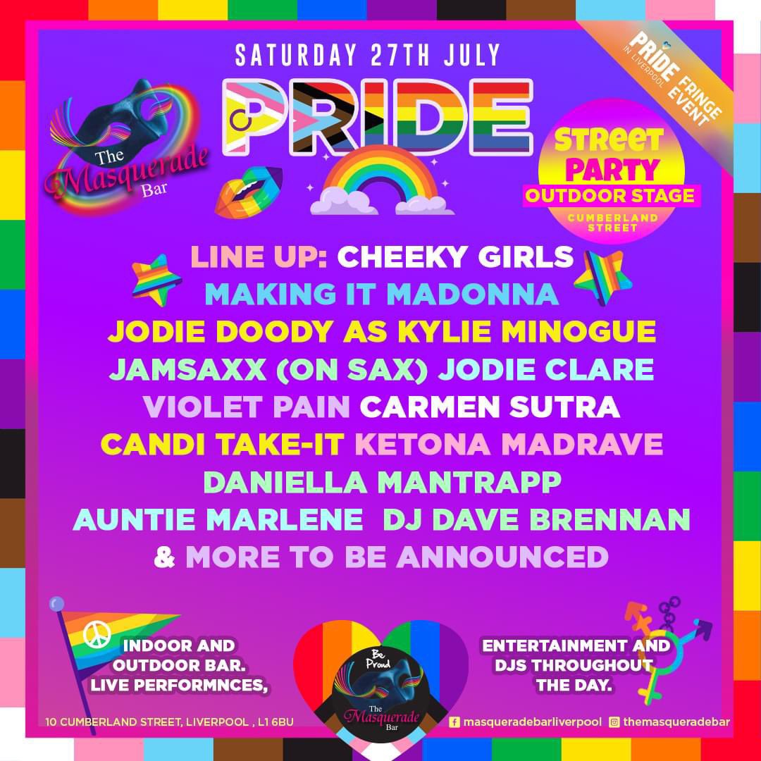 🏳️‍🌈🏳️‍⚧️ PRIDE 🏳️‍⚧️🏳️‍🌈

It's 2 WEEKS until we take over Cumberland Street for what is set to be our best Pride yet!

We have a fabulous line up taking you all the way through the day - there is only one place to be this Pride in Liverpool 😎🥳

 #PrideInLiverpool #Pride #cheekygirls
