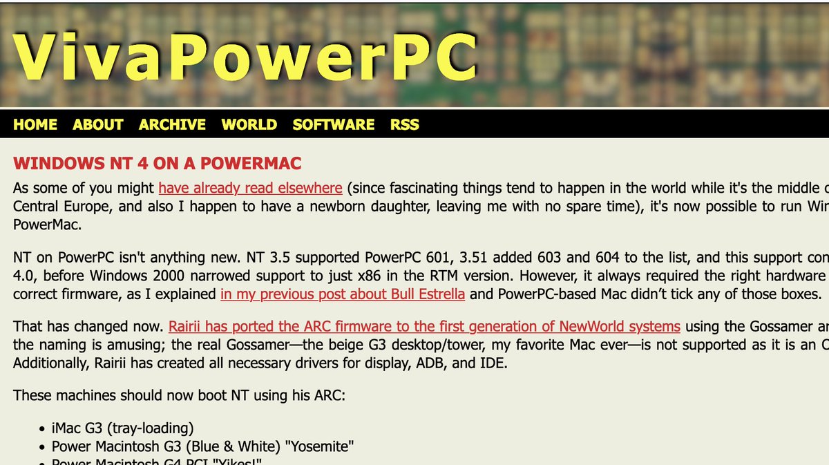 mpc7500v2's tweet image. #WindowsNT on a #PowerMac
vivapowerpc.eu/20240713-1300_…

#PPC601 #PPC603 #PPC604 #PPC750 #iMacG3 #PowerMacG3 B&amp;amp;W #PowerMacG4 #PowerBookG3 #ARCfirmware