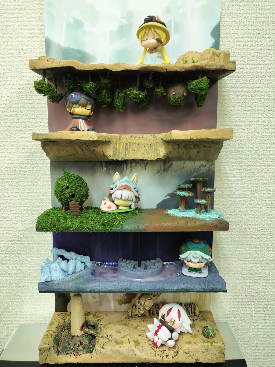 C_WORKS413's tweet photo. メイドインアビス
カプセルトイ　おねむたんジオラマ
深界一層〜六層　全貌
[2024年4月作成]
#miabyss #メイドインアビス #リコ #レグ #ナナチ #プルシュカ #ファプタ  #フィギュア #100均 #ジオラマ #ガチャ #ガシャポン https://t.co/U90C8wvL3D