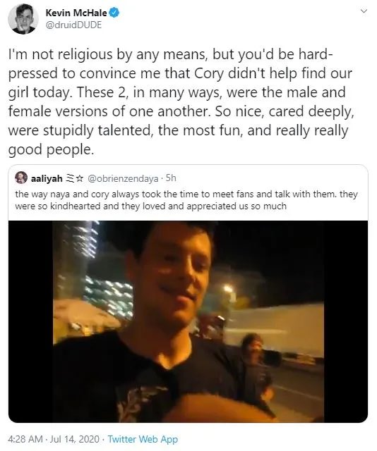kgleeb's tweet photo. Every year on this day, I think about this tweet. Rest in peace, Cory and Naya. https://t.co/3JnXdhRPQq