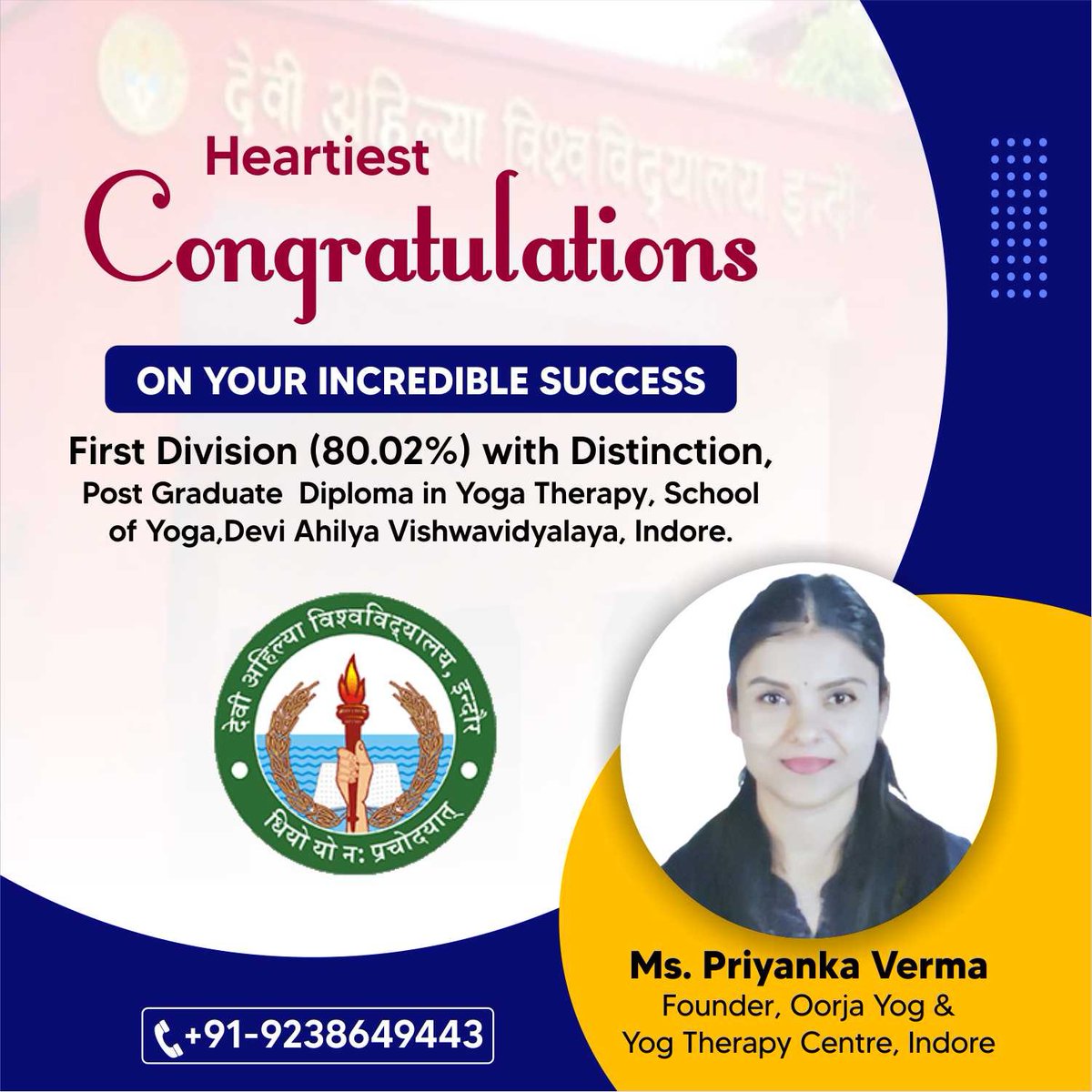 20jKumar's tweet photo. Congratulations on your well-deserved success👏👏 You're an inspiration!💐💐
#Schoolofyoga 
#DeviAhilyaVishwavidyalaya 
#DeviAhilyaUniversity https://t.co/sc9An6Q0Zq