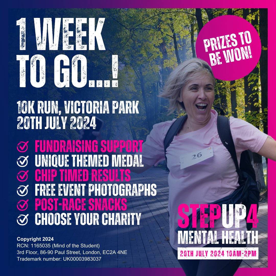 TheMOTSCharity's tweet photo. Only 1 week to go until STEPUP4 Mental Health 10K 2024! 🏃‍♀️🏃‍♂️🎉 Check your email inbox for the latest event communication and instructions on getting to Victoria Park next week!

Are you pumped to make a difference?

#STEPUP4MentalHealth #10KChallenge #GetReady #MakeADifference https://t.co/jmSmpaPn8N