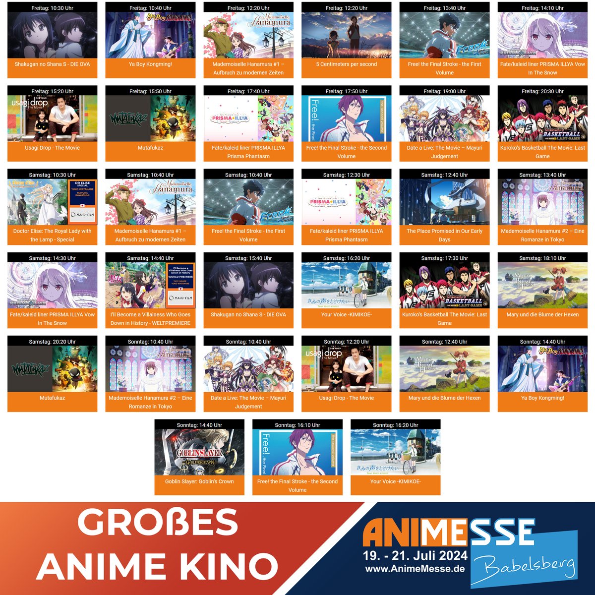 AnimeMesse's tweet photo. 🎬✨ Freut euch auf großes Anime-Kino auf der Anime Messe Babelsberg vom 19. bis 21. Juli im Filmpark Babelsberg bei Berlin und seid bei der Weltpremiere von "I’ll Become a Villainess Who Goes Down in History!" dabei! ✨🎬

Tickets im Vorverkauf sichern:
bis 14.07. 👉  https://t.co/gMaOZJMW0Z

Mehr Infos zum Programm
👉 https://t.co/w8xeLr07Kk

Ein riesiges Dankeschön an unsere Partner MAHO FILM, peppermint anime, AniMoon, das Japanische Kulturinstitut Köln (The Japan Foundation) und das Japanisch-Deutsche Zentrum Berlin.

#Animeland #AMB24 #AnimeMesse #AnimeKino #AnimeCinema #Filmpark #Anime #Manga #Japan