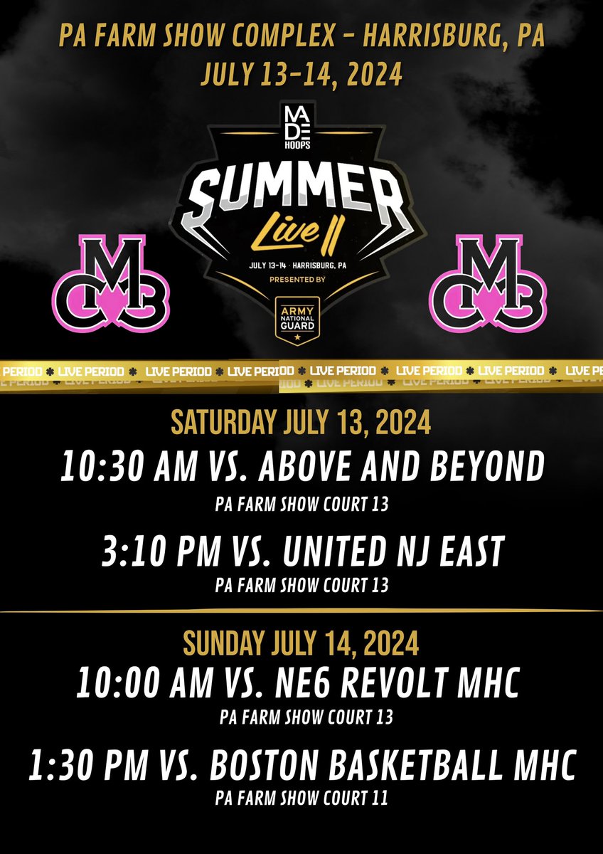 Summer Live II <a href="/madehoops/">MADE Hoops</a>
—
10:30am vs Above and Beyond (court 13)
3:10pm vs UNITED NJ (court 13)
—
Scholarship guys up and down the roster!