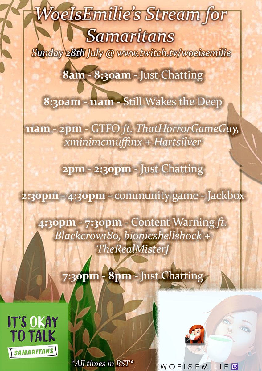 CHARITY STREAM 2024. The schedule is now ready and we've got a few fun games to play throughout the day, including some lovely guests, while we raise money once again for <a href="/samaritans/">Samaritans</a>! This will be the 4th year of doing this annual 12-hour charity stream and I'm super excited!♥️