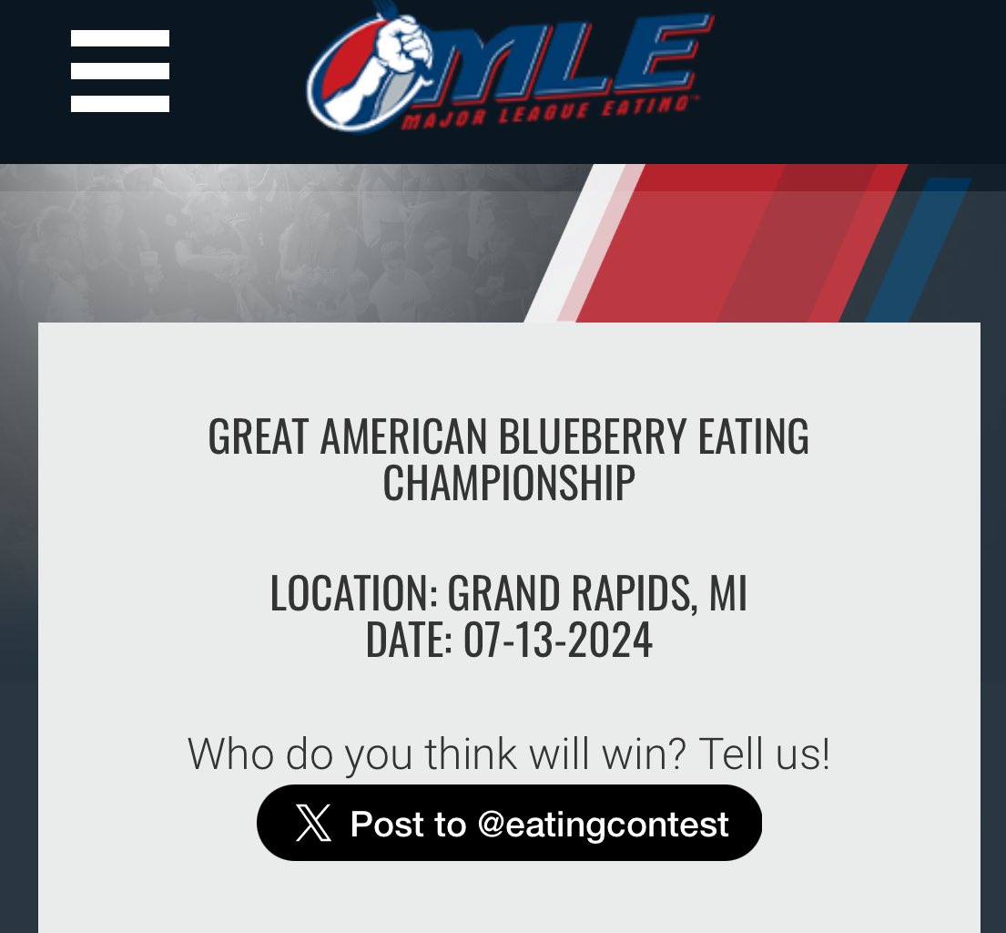 RISE AND GRIND! THE GREAT AMERICAN BLUEBERRY EATING CHAMPIONSHIP IS UPON US! HIGH NOON, GRAND RAPIDS MI, BELKNAP PARK HOSTS! WHO WILL TAKE HOME THE FIRST EVER BLUEBERRY RECORD? $8K, THE TITLE AND GLORY ON THE LINE! BE THERE! <a href="/blueberries/">Blueberries 🫐</a>