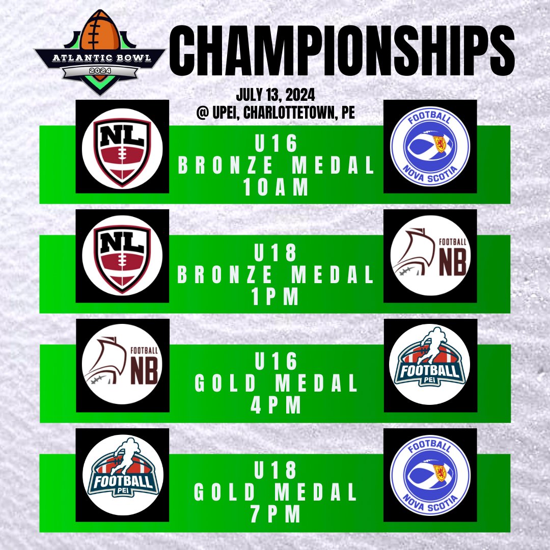 IT'S GAME DAY! 
Come watch the 2024 Atlantic Bowl all day at the University of Prince Edward Island in Charlottetown. Games kickoff at 10AM.
- Tickets at the Gate.
- Concessions &amp; Merchandise Available.
- Watch: youtube.com/@FootballPEI.