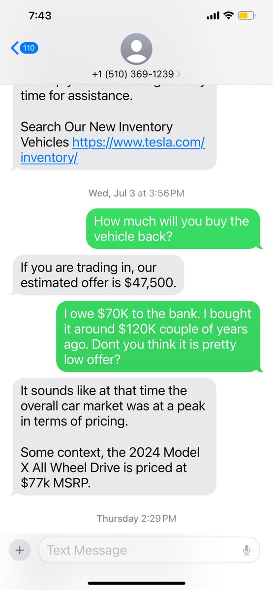 MD48434148's tweet photo. @ElonMuskAOC @elonmusk I purchased Tesla X for $120K in 2022. They offered to trade in for $47K. The decade of the car to loose value. Congrats👏🏻. https://t.co/yFMK3lmChC