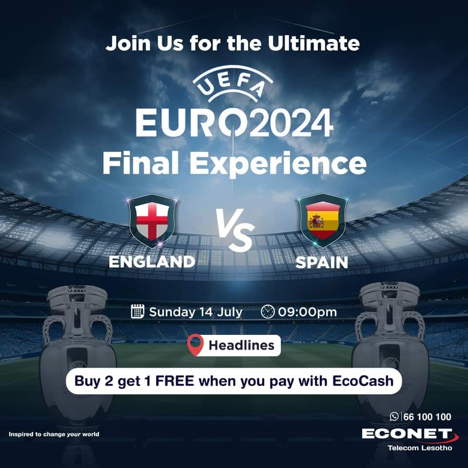 econetlesotho's tweet photo. Join us for the EURO 2024 Finals at any of these Econet-supported places (Kasi Kota, Good Times TY, Headlines) on Sunday 14th July 2024 at 9pm.

Get 3 for 2 when you buy with EcoCash.

#Econet #EcoCash #SimplifiedPayments https://t.co/94NRUq9Hs7