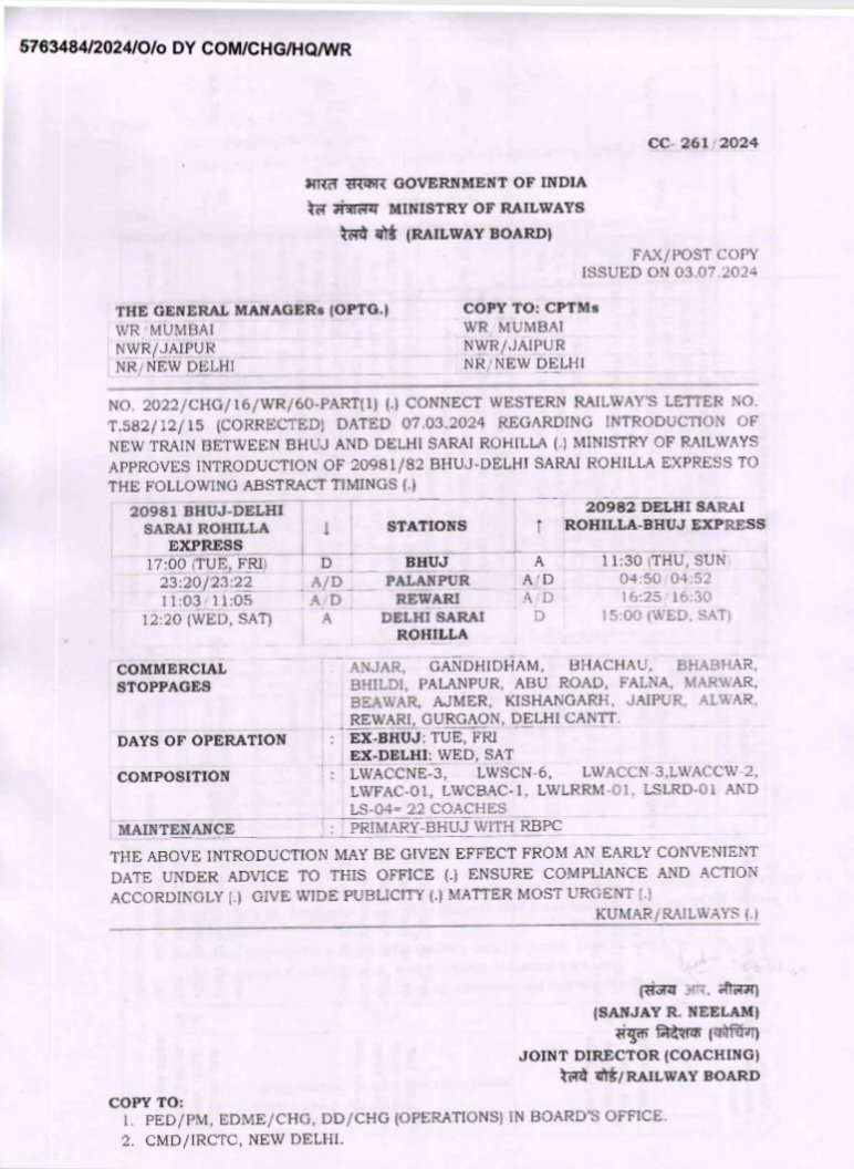गाडी सं 09407-08 भुज-दिल्ली सराय-भुज ट्रेन जल्द ही नियमित नंबर 20981-82 से संचालित होगी।

आबूरोड रूट पर दिल्ली के लिए बहुत सी गाड़ियां उपलब्ध है
इस ट्रेन को जालौर के रास्ते चलाएं । ताकि जालौर , जयपुर और दिल्ली से जुड़ जाए। इस मांग को पूरा कर दीजिए । <a href="/AshwiniVaishnaw/">Ashwini Vaishnaw</a>
