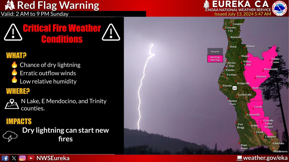 NWSEureka's tweet photo. A red flag warning has been issued for parts of Trinity, Mendocino, and Lake counties. Isolated dry thunderstorms are possible Sunday producing occasional lightning could result in new fire starts. #cawx https://t.co/rSWoPHEqLi