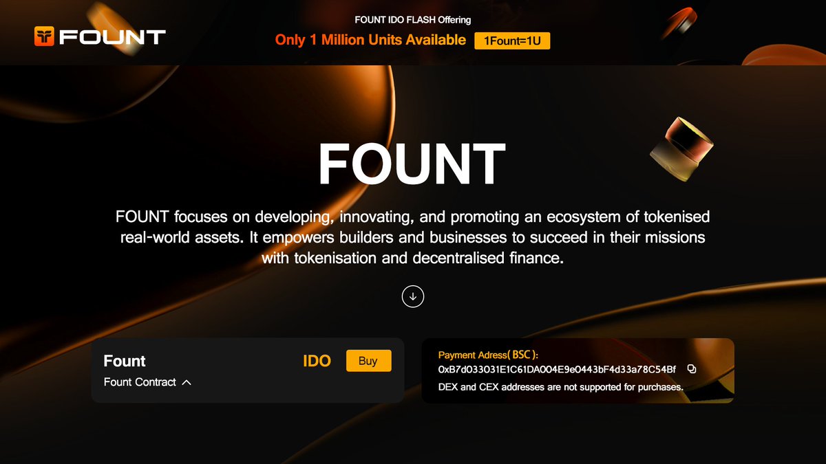 Fount_fund's tweet photo. @BNBCHAIN #RWA supported by @Fount_fund. $FOUNT IDO is ongoing. https://t.co/2LPHFxdzEE
