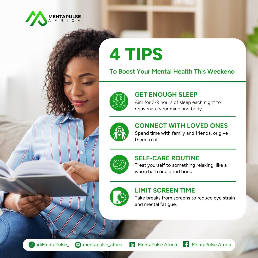 Recharge and refresh this weekend!🧠🚀
Prioritize self-care, relaxation, and inner calm. You deserve it! 💪🏾 

#SelfCareSaturday #WeekendVibes
#MentapulseAfrica #MentalHealthMatters