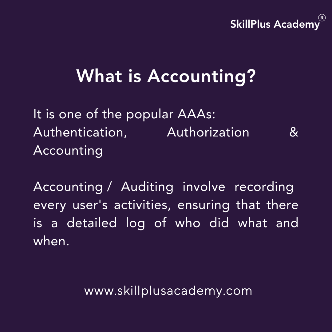 SkillPlus_Surat's tweet photo. Accounting and auditing in cybersecurity involve tracking and recording user activities (accounting) and systematically examining these records (auditing) to ensure compliance and detect anomalies. https://t.co/BgDvmmAHDt