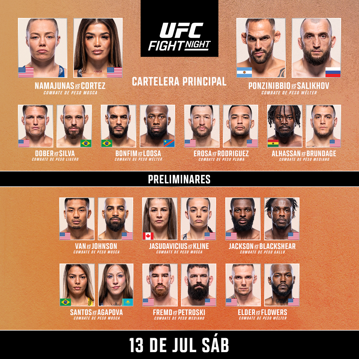 Cartelera de HOY! #UFCDenver 

ESTELARES 7pm PT 🇺🇸 / 8pm 🇲🇽 / 11pm 🇦🇷 / 2am 🇪🇸
PRELIMS 4pm PT 🇺🇸 / 5pm 🇲🇽 / 8pm 🇦🇷 / 12am 🇪🇸