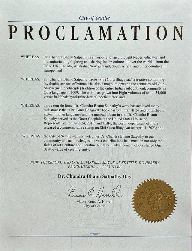 TheOfficeofCBS's tweet photo. #Throwback #Anniversary #inrememberance
In an official declaration, Bruce A. Harrell, Mayor of the City of Seattle in Washington State, USA, had formally established July 13, 2023 as "Dr. Chandra Bhanu Satpathy Day"
#cbsatpathy https://t.co/msO6UMyBvX
