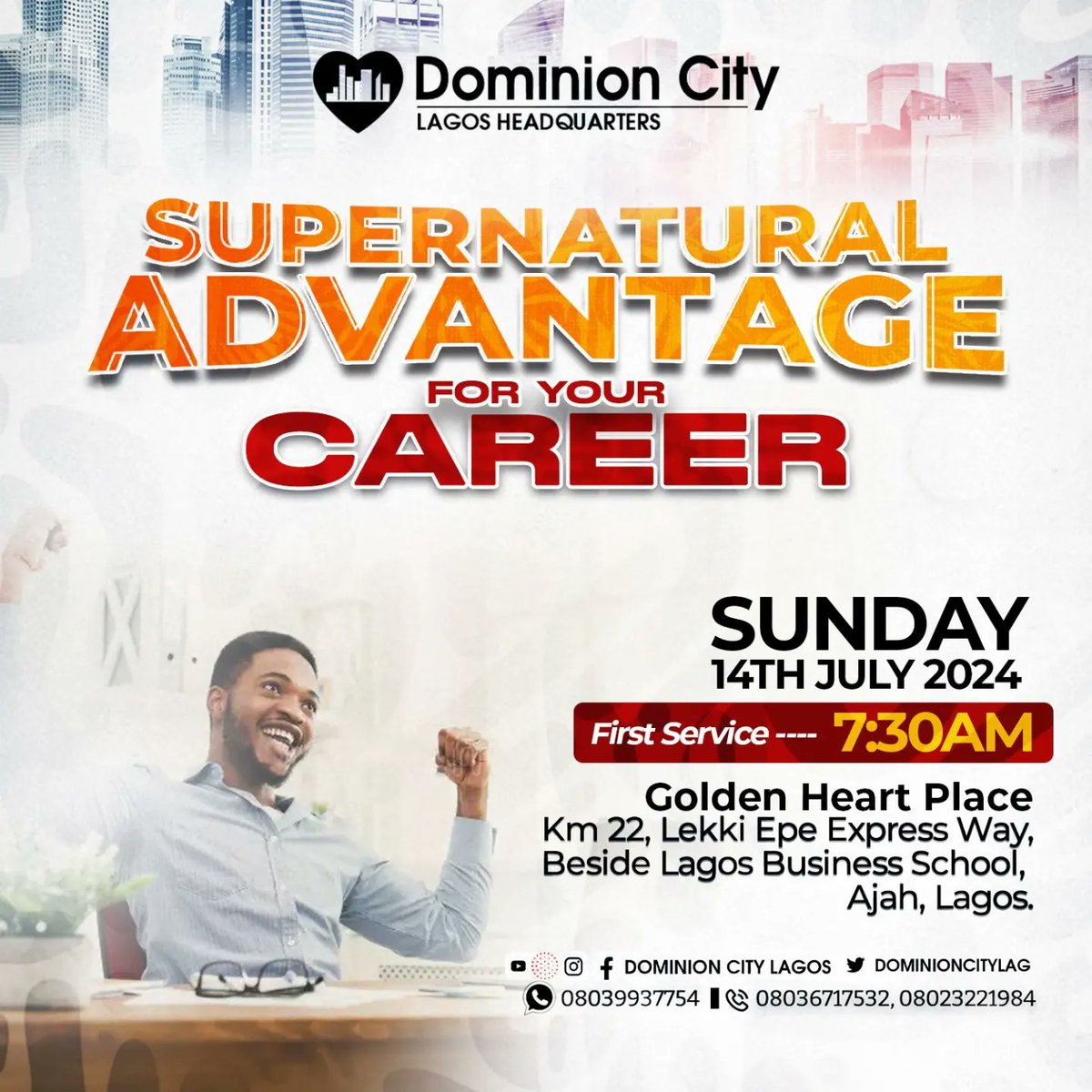 dominioncitylag's tweet photo. Join us tomorrow as we discuss how to tap into divine help for career and business.

Please note we will be having a distinct service: 

1st SERVICE:  CAREER PROFESSIONALS  by 7:30am
2nd SERVICE: ENTREPRENEURS by 10am

#DCLagoshq #DominionCity
#SupernaturalAdvantage #GraceFactor https://t.co/DiCczUlCVZ